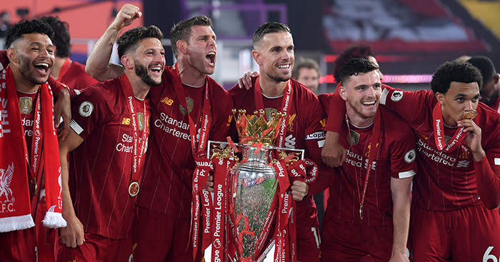 Liverpool players celebrate Premier League trophy