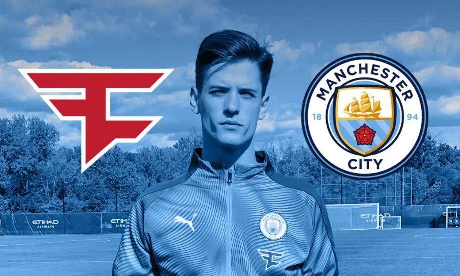Nate Hill, from FaZe Clan’s Fortnite roster, poses in Man City colors