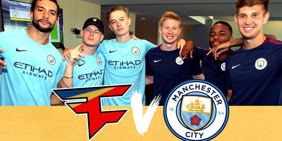 The FaZe Clan Fortnite team (on the left) also played a friendly FIFA20 game against top Man City players (on the right) in 2019