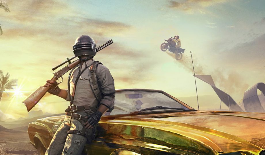  A player holding a gun and standing next to a buggy with another player on a motorcycle jumping over it with the in-game options menu open on the right.