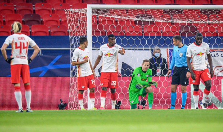 RB Leipzig’s defenders Nordi Mukiele and Dayot Upamecano