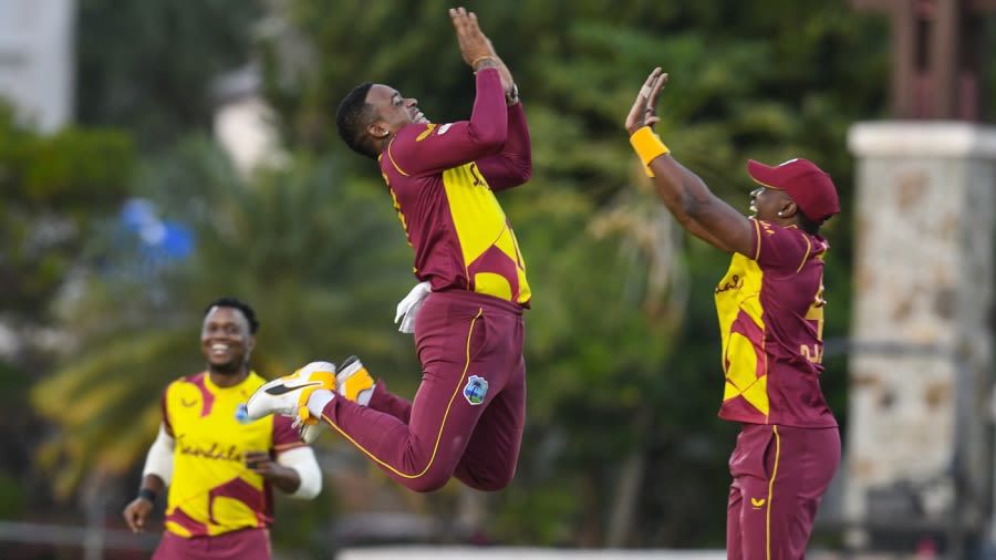 West Indies players celebrate their victory