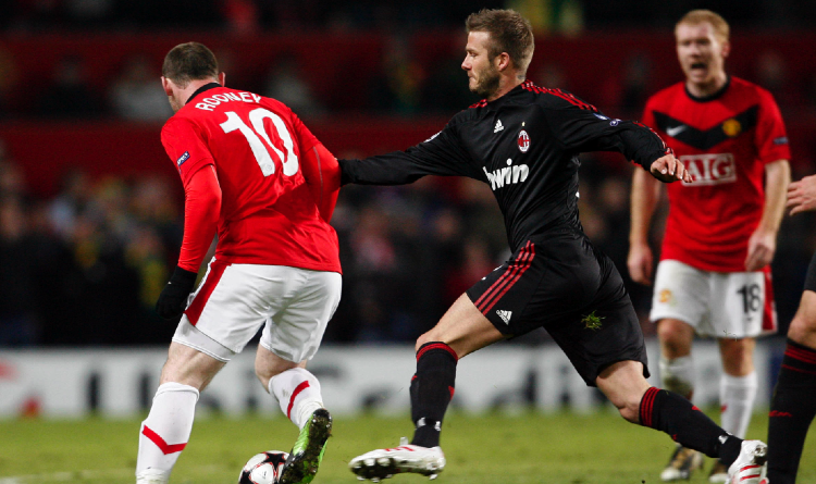 Wayne Rooney, David Beckham and Paul Scholes during the Champions League