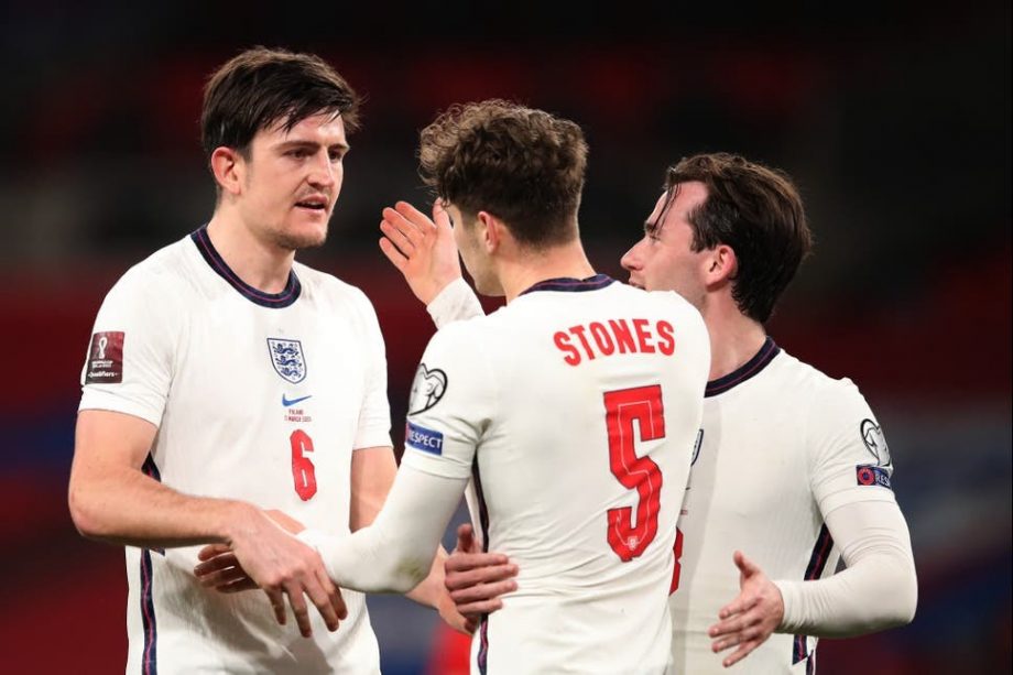 Harry Maguire, John Stones, and Ben Chilwell representing England
