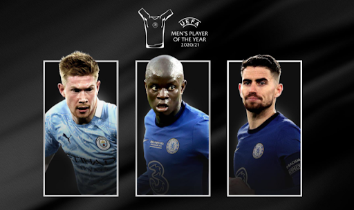 Jorginho, Ngolo Kante (both Chelsea) and Kevin de Bruyne (Manchester City)