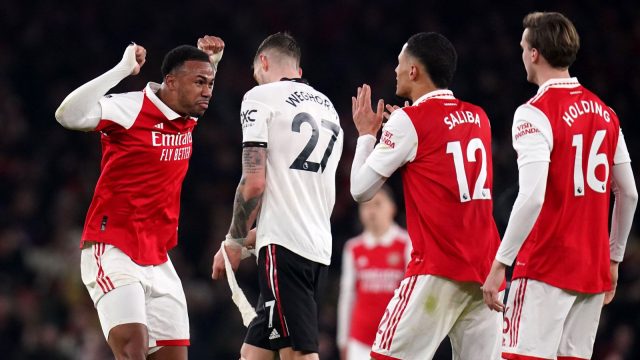 Arsenal defenders Gabriel Magalhaes William Saliba and Rob Holding celebrate